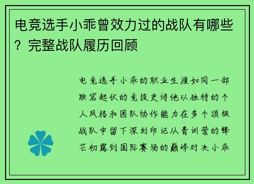 电竞选手小乖曾效力过的战队有哪些？完整战队履历回顾
