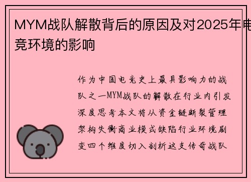 MYM战队解散背后的原因及对2025年电竞环境的影响