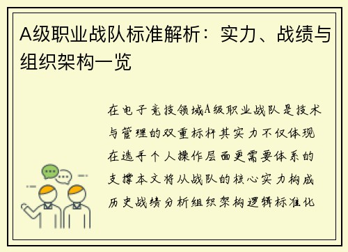 A级职业战队标准解析：实力、战绩与组织架构一览