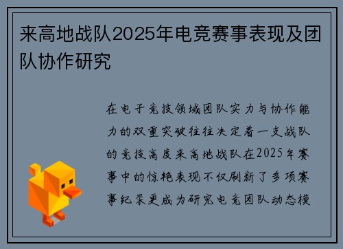 来高地战队2025年电竞赛事表现及团队协作研究